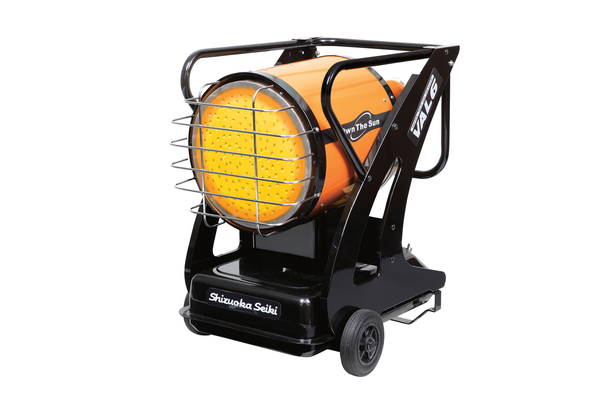 Black and orange propane construction heater on wheels, with a protective cage around the heating element.