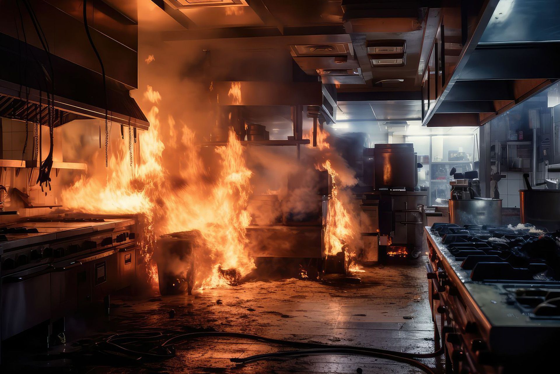 Kitchen engulfed in flames; fire visible on stoves, surfaces, and ceiling. Smoke fills the air.