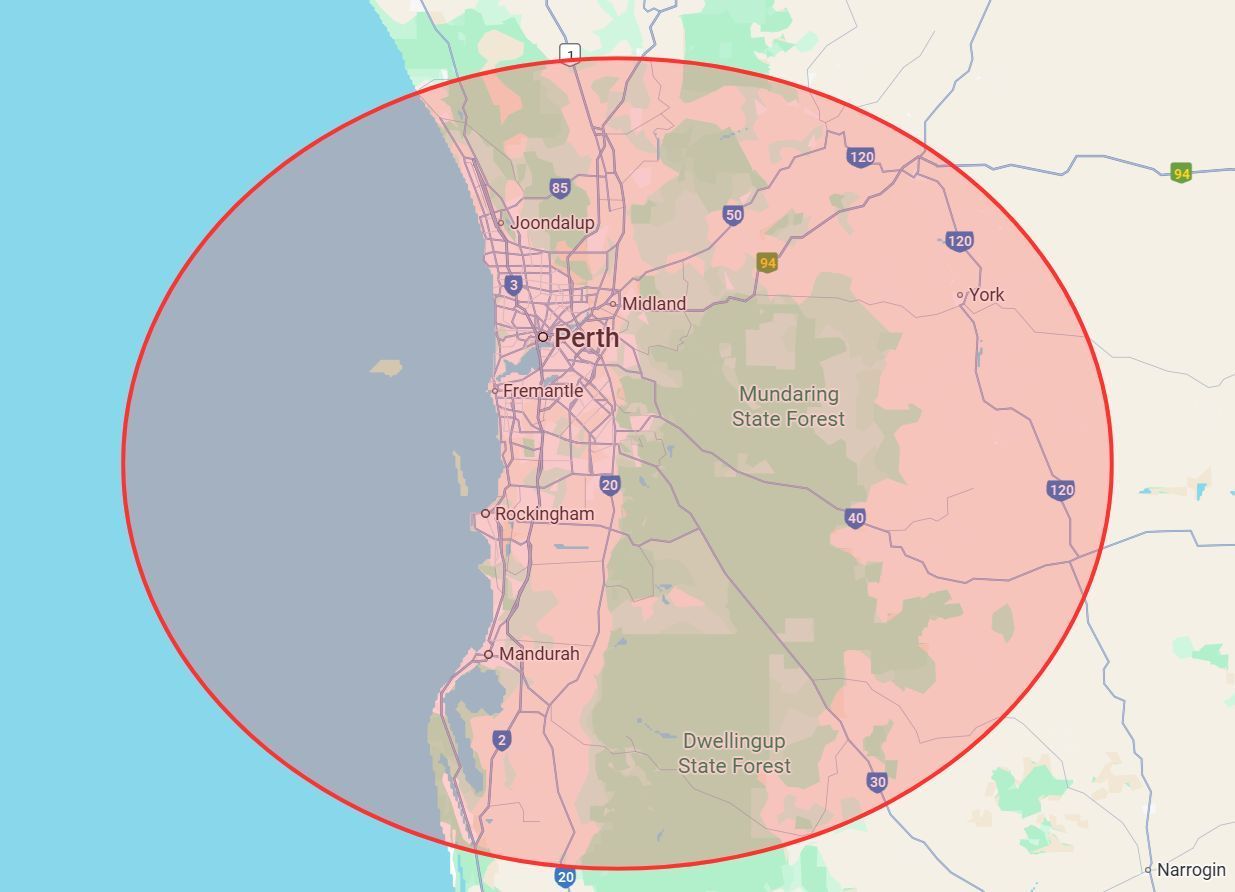 Map of Perth, Australia, with a red circle indicating a specific area.