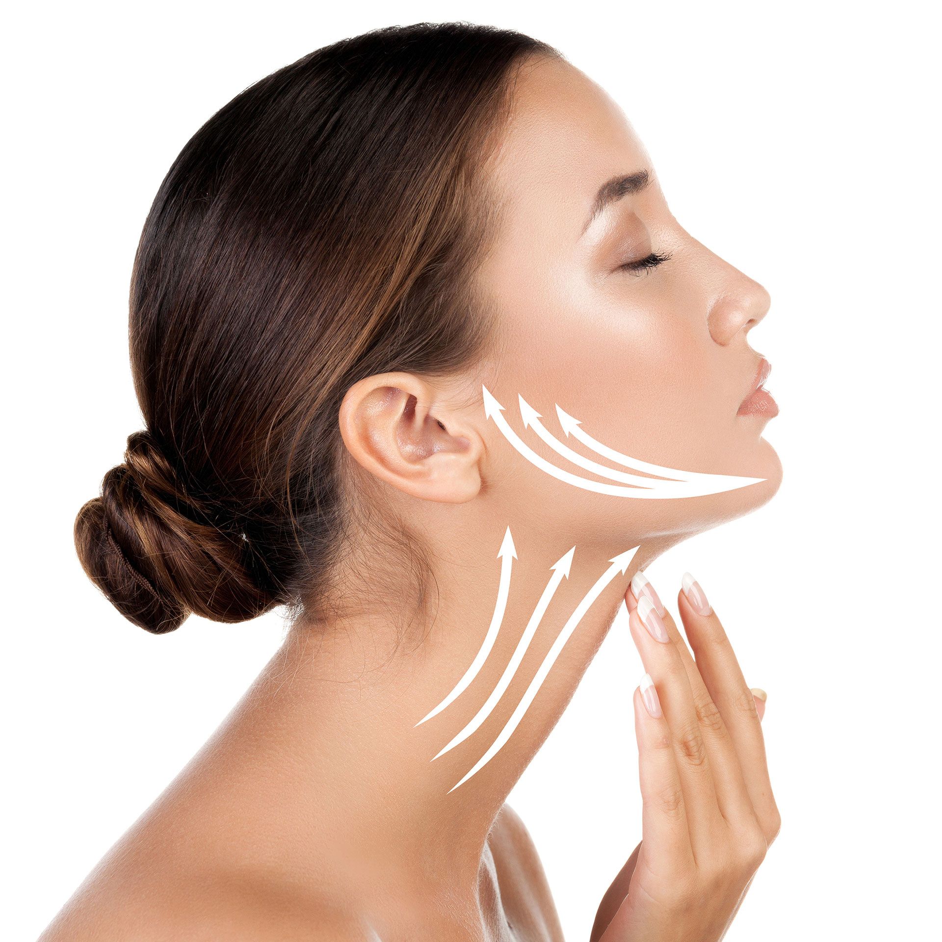 Pretty woman touching her neck, isolated on white background. Anti-aging concept