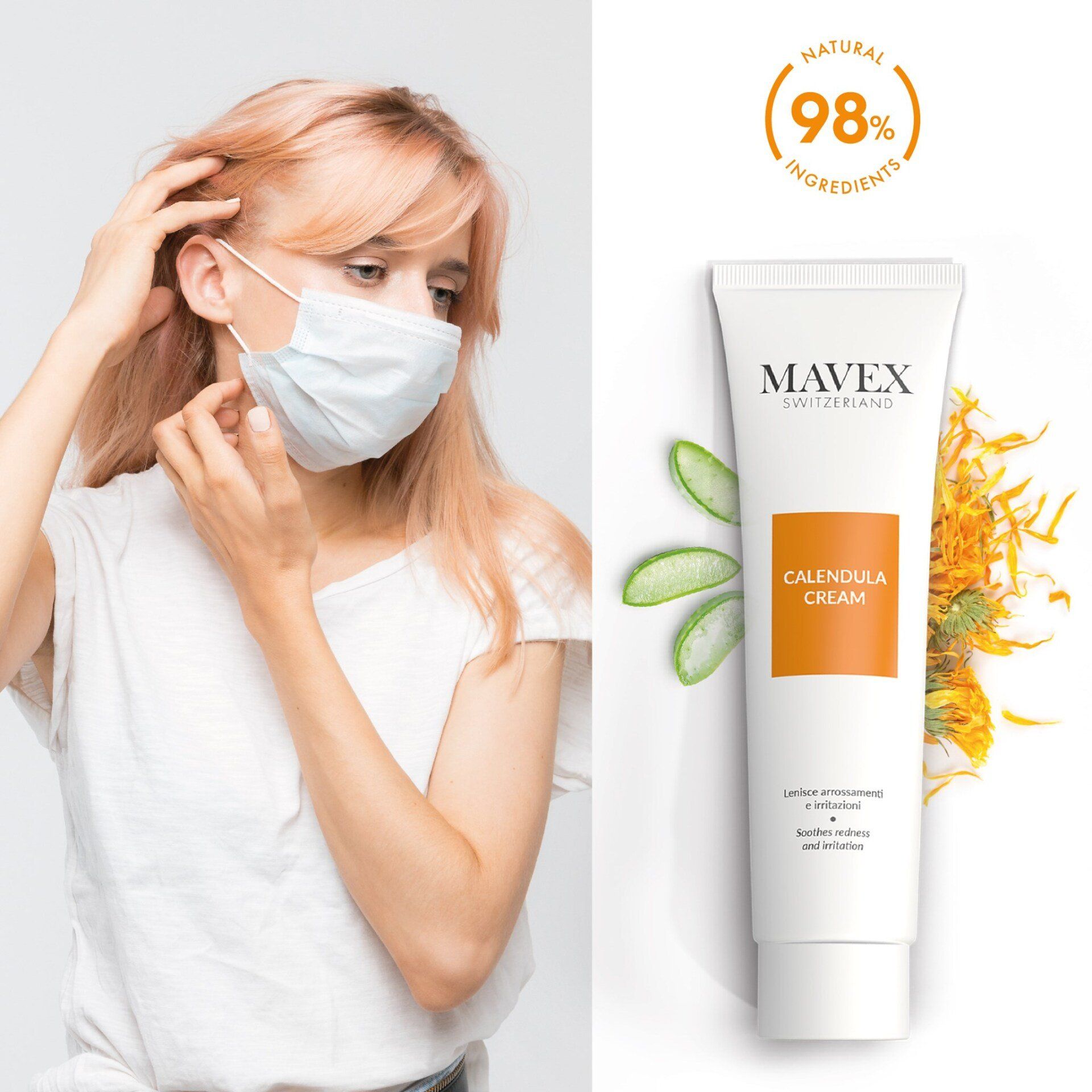Una donna che indossa una maschera accanto a un tubo di crema alla calendula mavex.