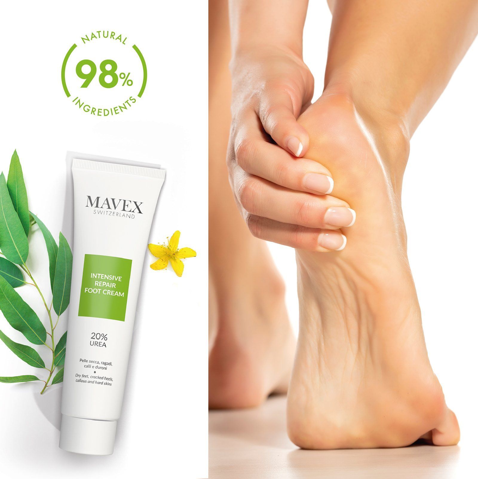 Una donna tiene il piede accanto a un tubetto di crema per i piedi.