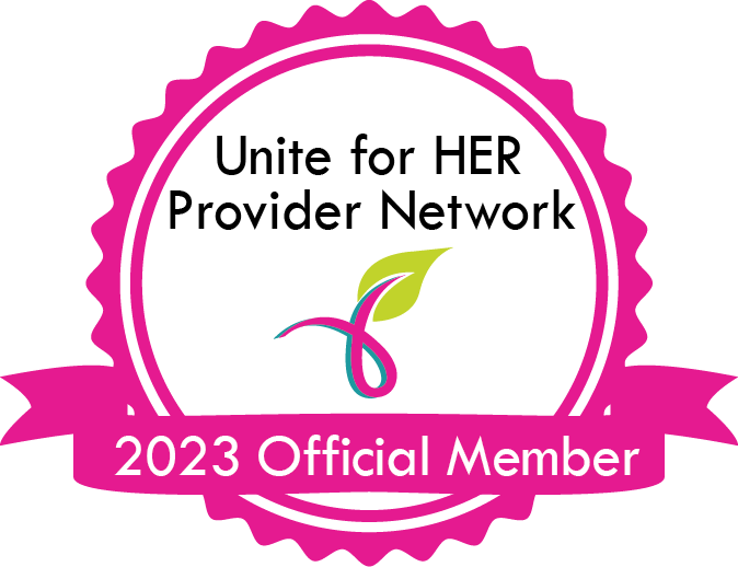Pink emblem: Unite for HER Provider Network, 2023 Official Member. Features a ribbon and a logo with a stylized leaf.