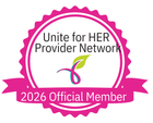 Pink emblem: Unite for HER Provider Network, 2023 Official Member. Features a ribbon and a logo with a stylized leaf.