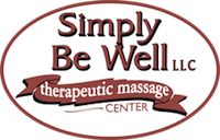 Logo for Simply Be Well LLC, a therapeutic massage center, in a brown oval frame.