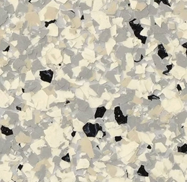 Speckled flooring pattern, with cream, gray, and black chips.