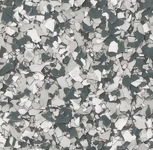 Gray, white, and dark gray epoxy floor flakes.