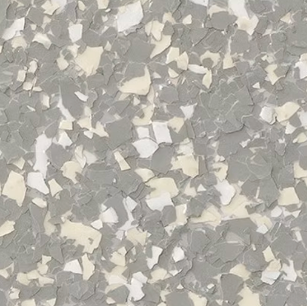 Gray, white, and cream epoxy floor coating with speckled flakes.