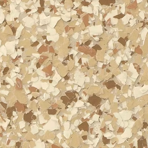 Speckled floor coating in shades of beige, cream, and brown.