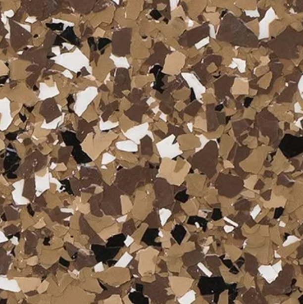Floor coating with beige, brown, black, and white chips.