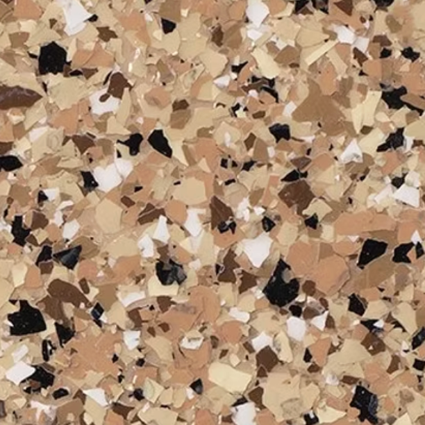 Multi-colored flooring with tan, brown, black, and white flakes.