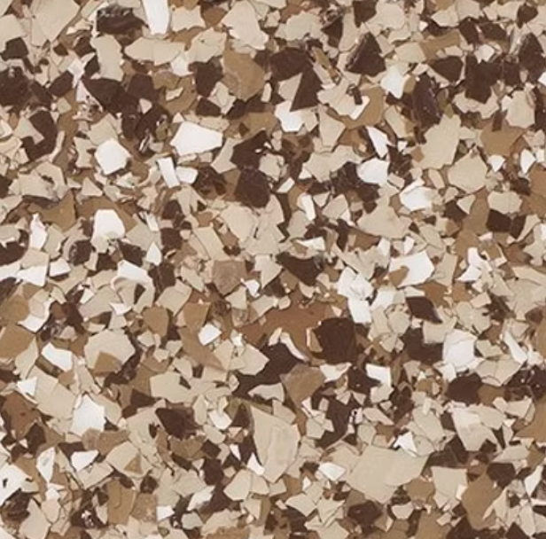 Tan, brown, and white chip-style flooring.