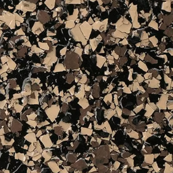 Brown, black, and tan speckled epoxy floor.
