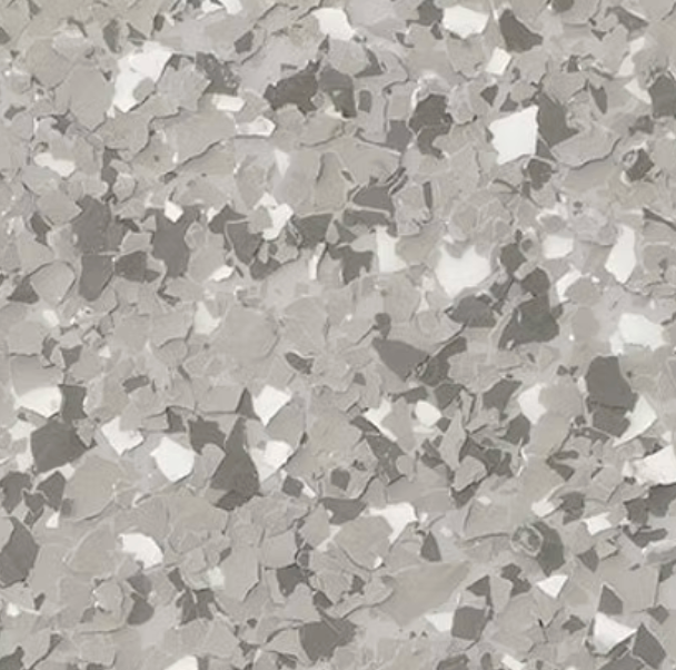 Grey, white, and dark gray speckled floor coating.