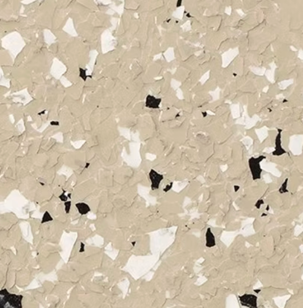 Tan, white, and black speckled epoxy floor coating.