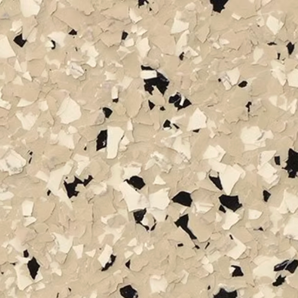 Tan, off-white, and black speckled epoxy floor coating.