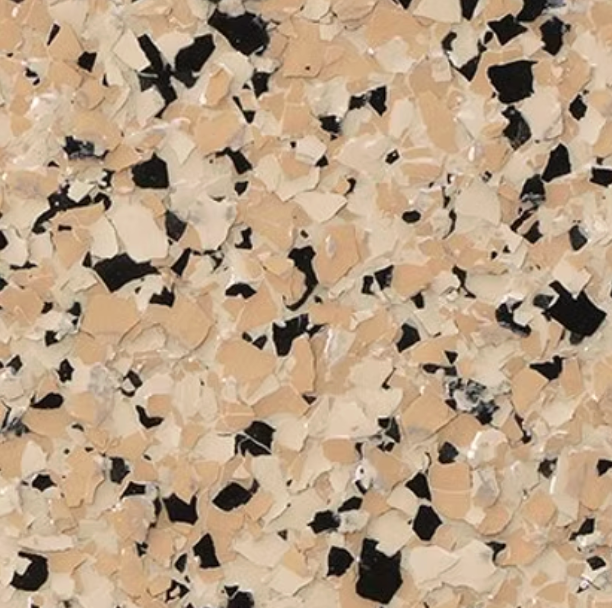 Tan, beige, and black speckled epoxy floor coating.