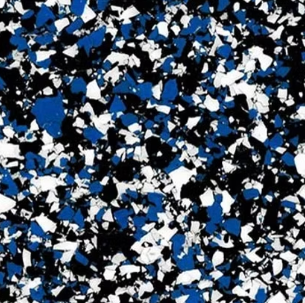 Blue, white, and black speckled epoxy floor coating.