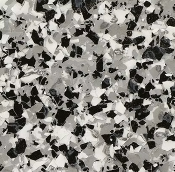 Gray, white, and black speckled epoxy floor coating.
