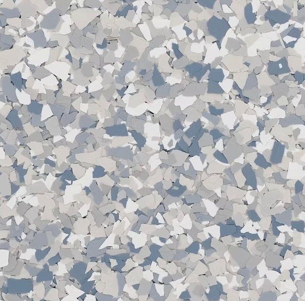 Blue, gray, and white speckled epoxy flooring.