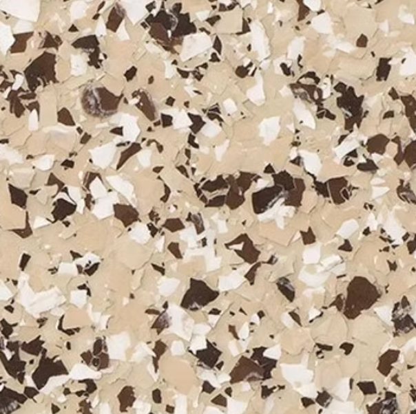 Tan, white, and brown speckled floor coating.
