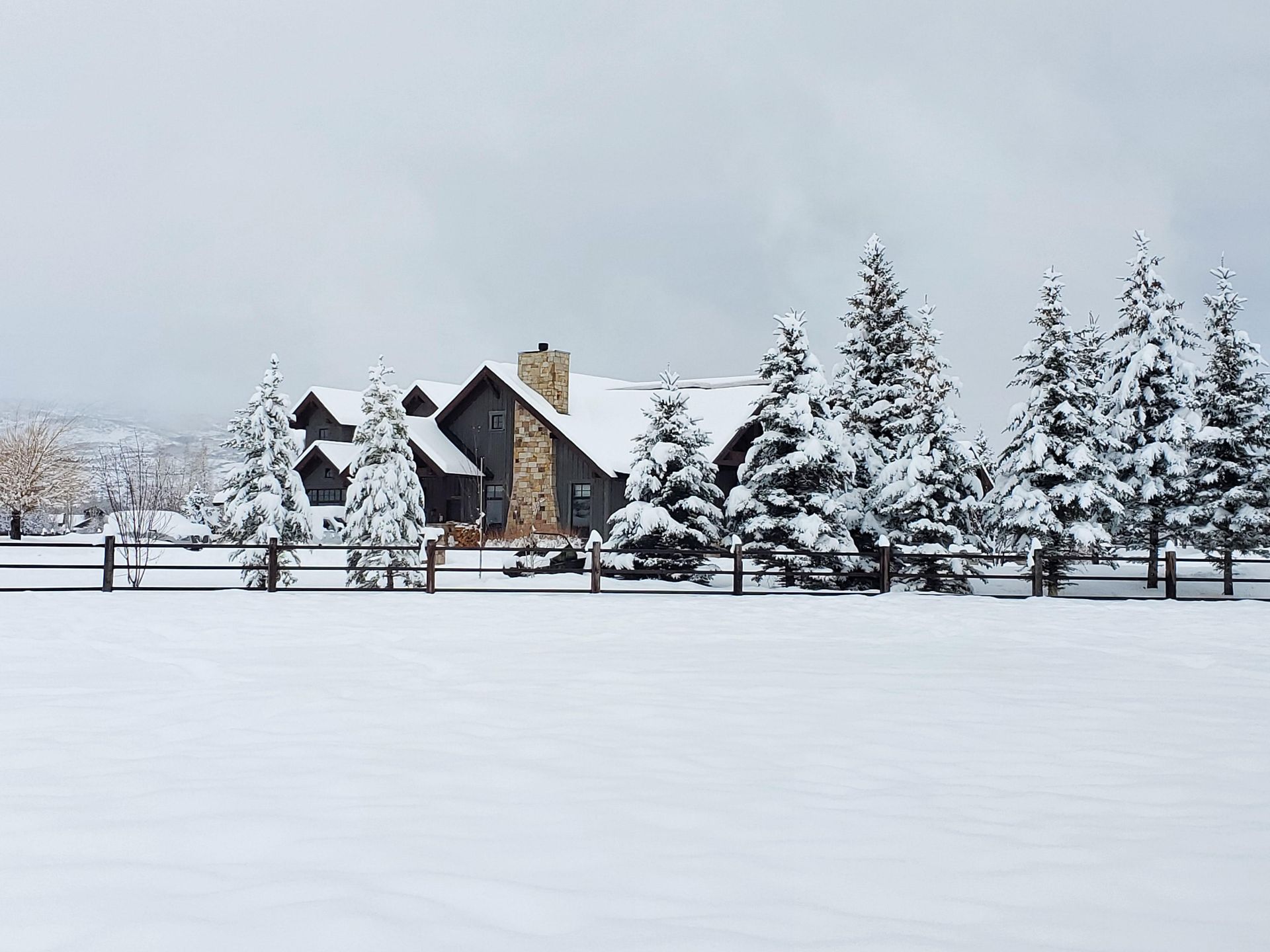 Snow-covered house behind a wooden fence and snow-laden evergreen trees on a cloudy day.