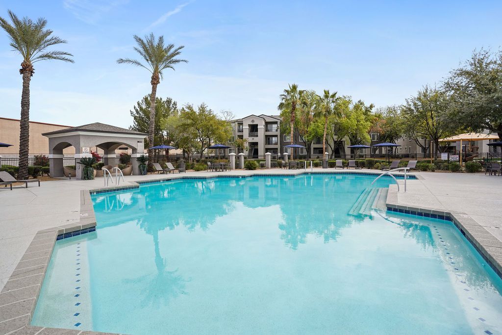 Outdoor pool at a multifamily community with palm trees, lounge chairs, and umbrellas.