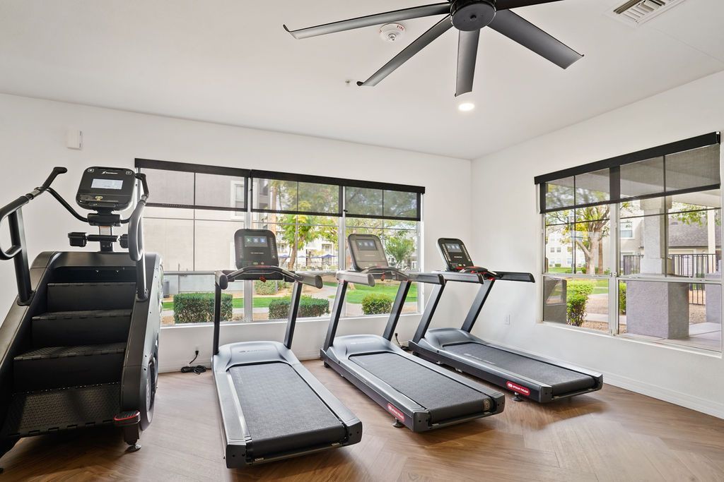 Indoor communal gym with treadmills and an elliptical by large windows.