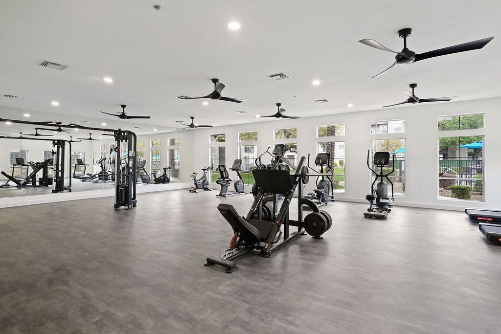 Bright community fitness center with cardio machines, free weights, and mirrors.