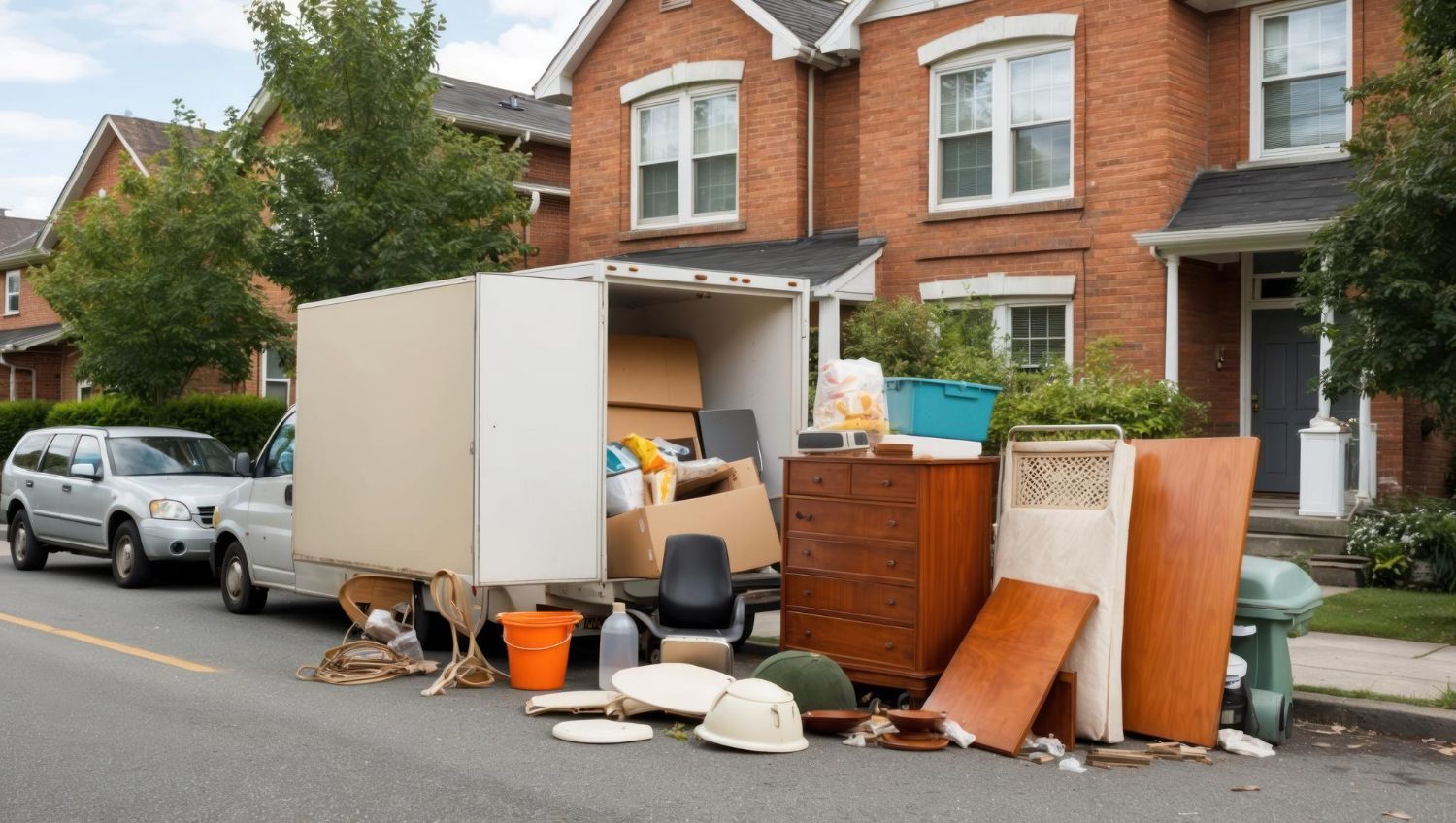 A white truck filled with junk is parked in front of a brick house.