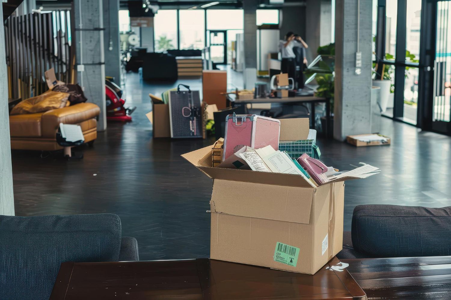 Open cardboard box on a table in a modern office lounge with books and folders inside.
