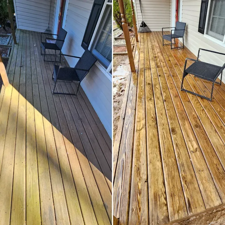Split view shows a dirty and cleaned wooden deck with black chairs.