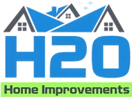 Logo for H2O Home Improvements with blue houses, text, and a green bar.