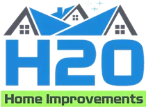 Logo for H2O Home Improvements with blue houses, text, and a green bar.