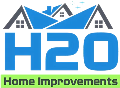 Logo for H2O Home Improvements with blue houses, text, and a green bar.