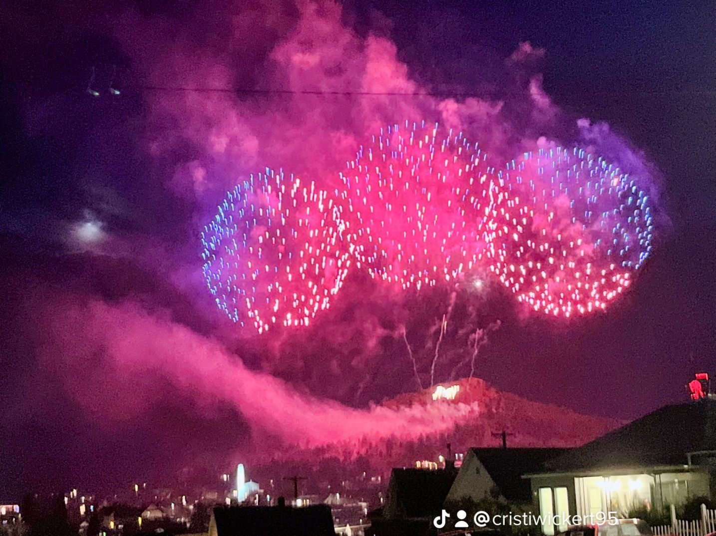 Fireworks exploding in the night sky over  Butte, MT