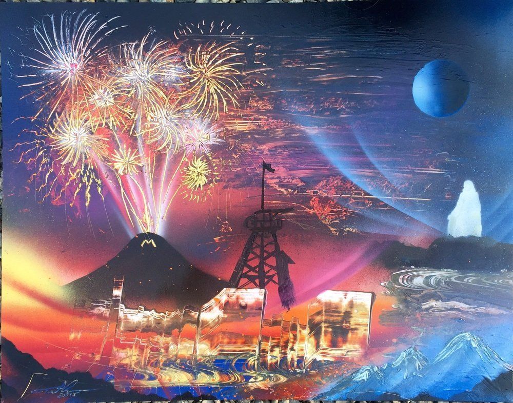 Trent Curnow Fireworks exploding in the night sky over  Butte, MT, photoshopped collage style with other Butte landmarks