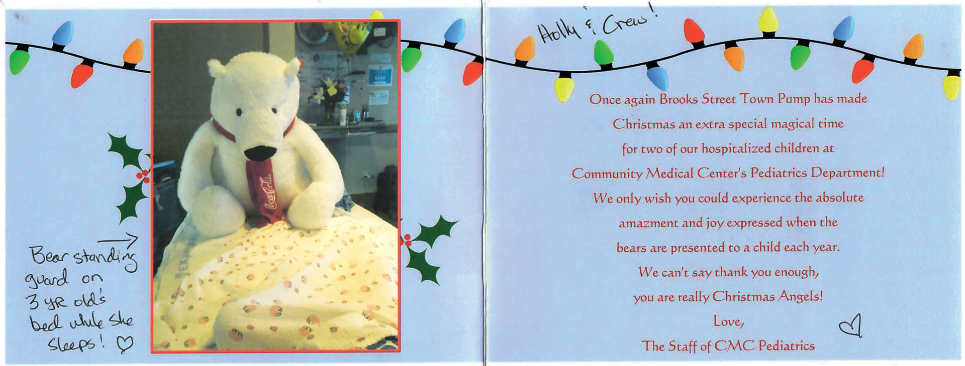 Photos and cards sent to store employees who provided some stuffed Coca Cola Christmas bears to terminally ill children hospitalized in Missoula