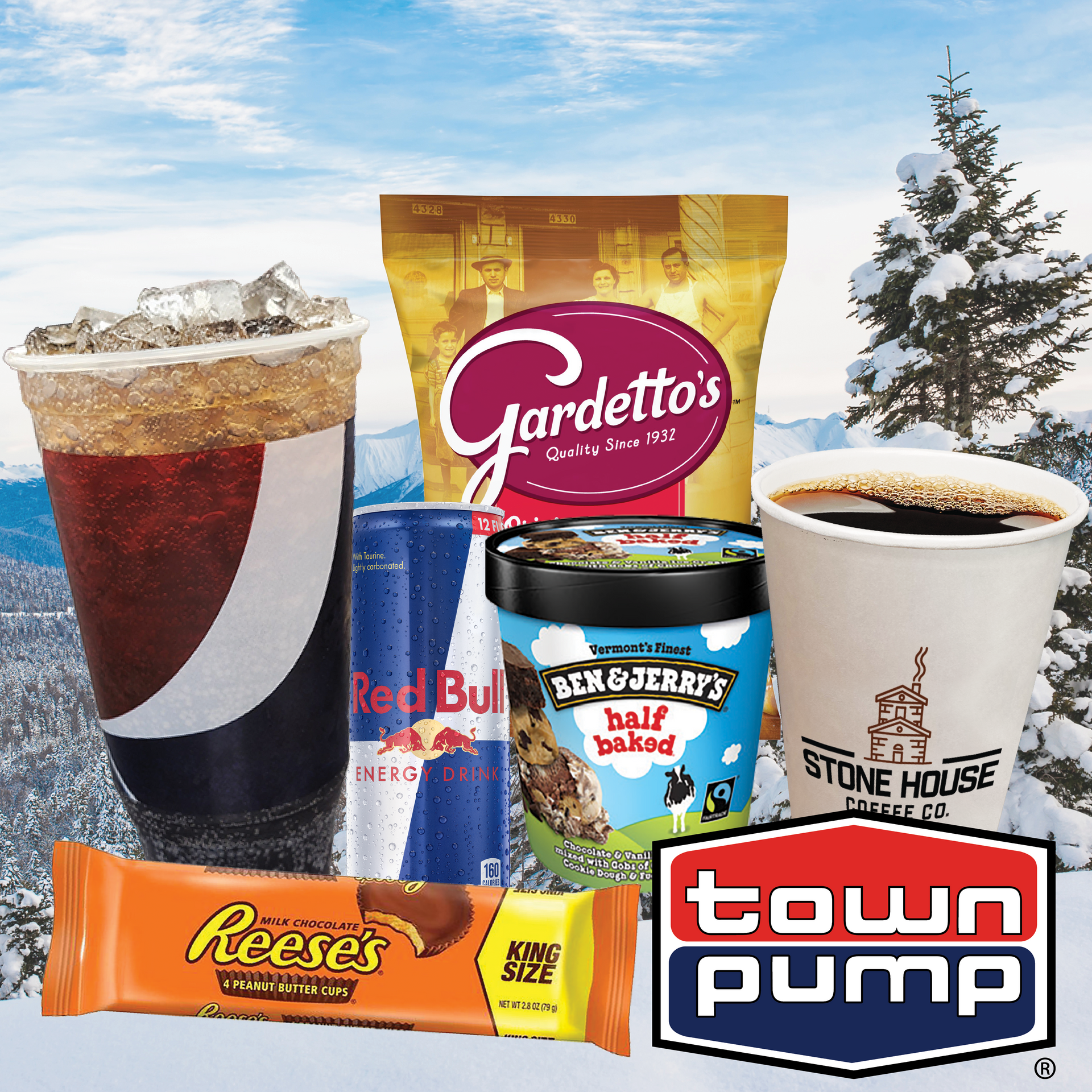 Collage of various snack products & beverages with Town Pump logo