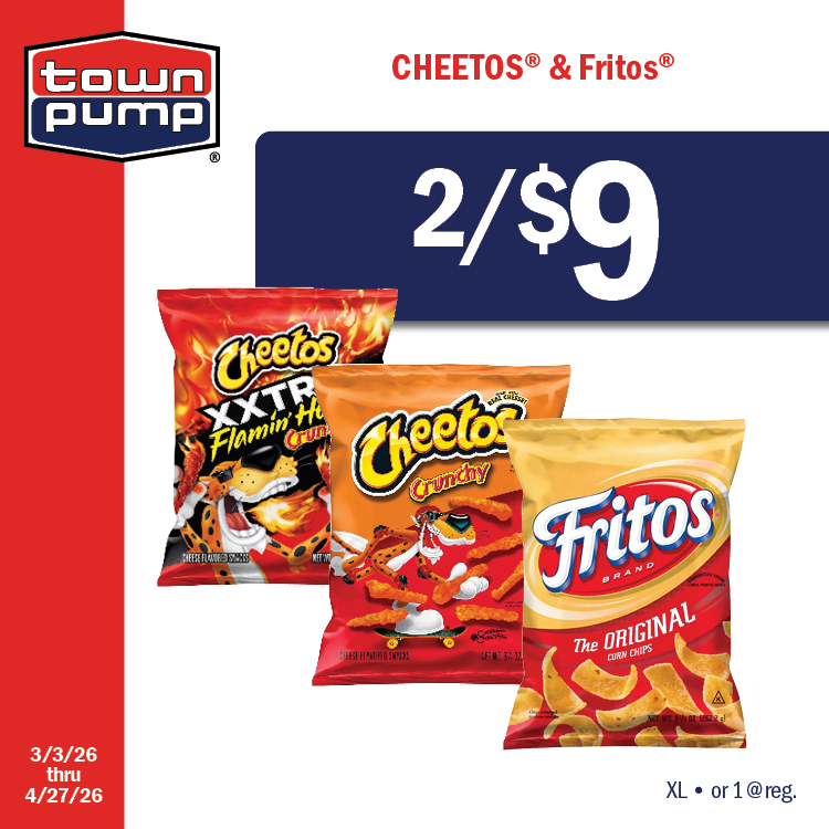CHEETOS® & Fritos®
2 for $9
XL • or 1 @ reg.
3/3/2026 thru 4/27/2026