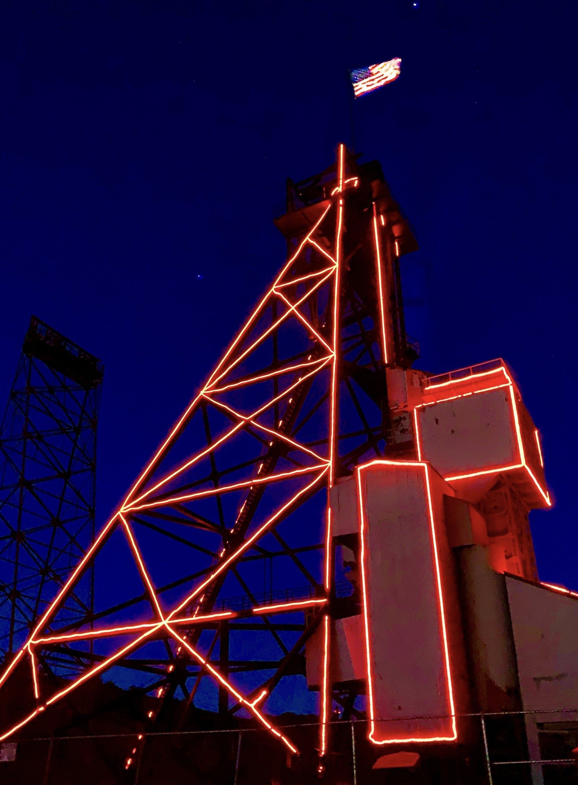 Butte Headframe illuminated with Red LED lights