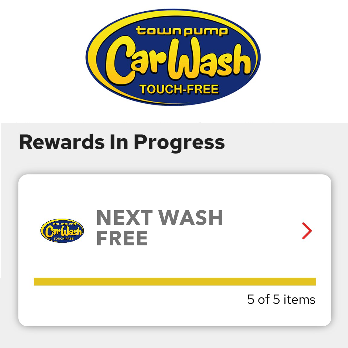 Buy 5 any Car Washes, Get your 6th Free  Rewards in Progress screenshot from app showing NEXT WASH FREE