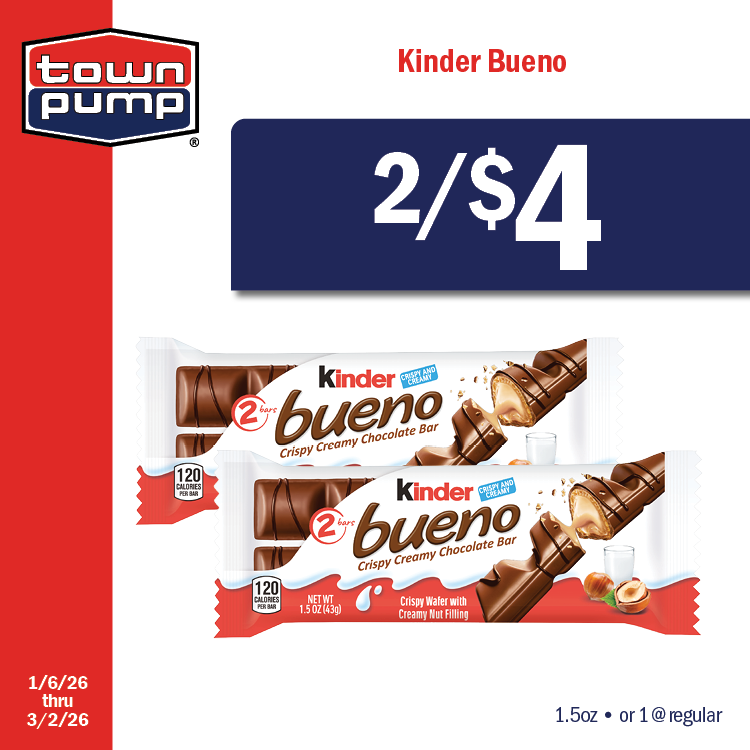 Kinder Bueno
2 for $4
1.5oz • or 1 @ reg.
1/6/2026 thru 3/2/2026