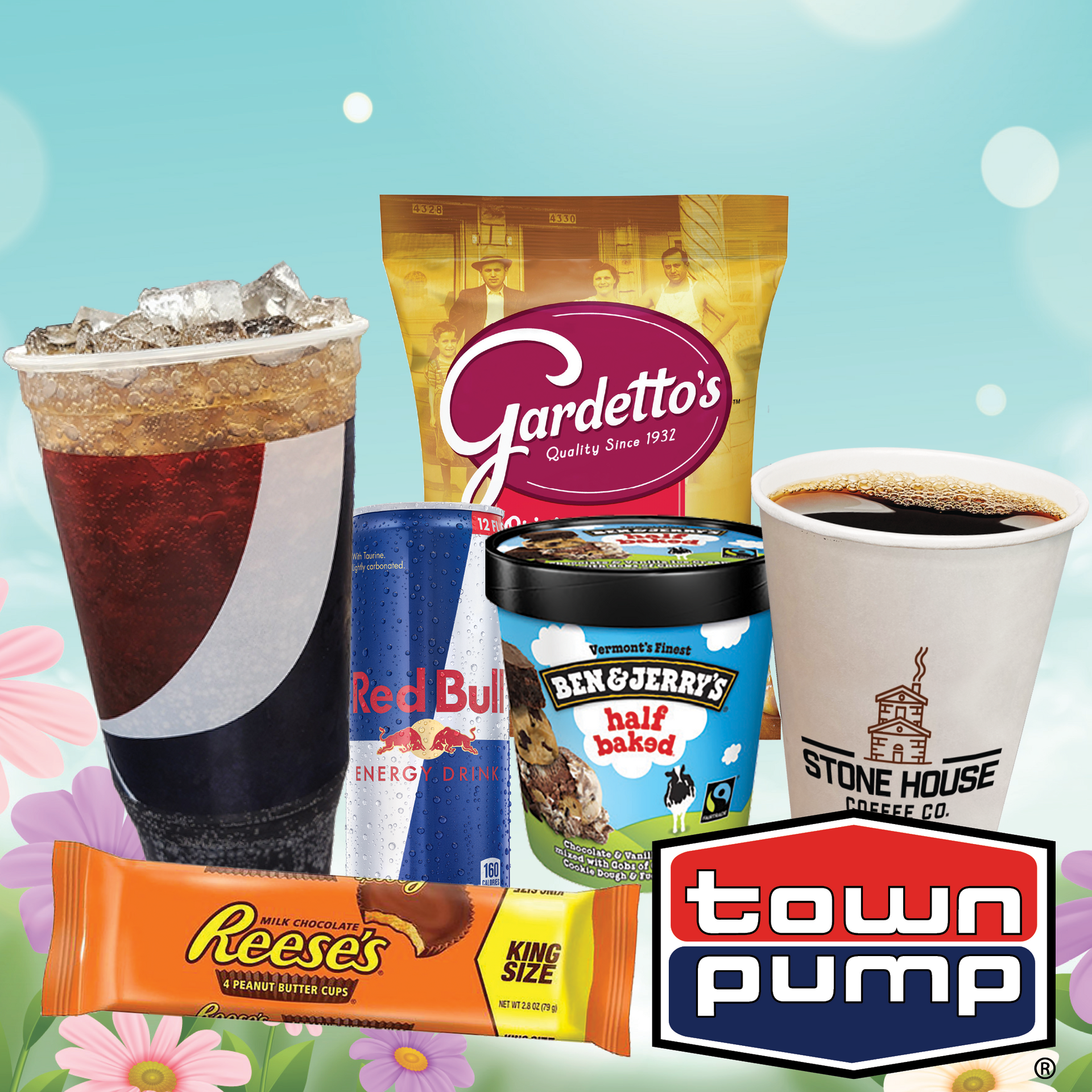 Collage of various snack products & beverages with Town Pump logo
