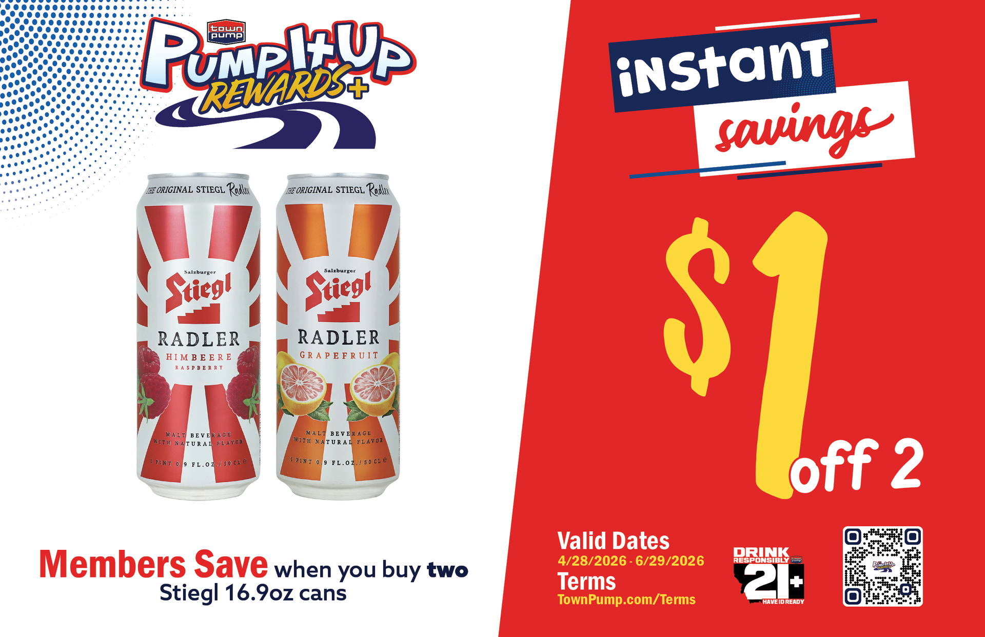 Members Save $1 when you buy two Stiegl 16.9oz cans. Pricing Good 4/28/26 thru 6/29/26.