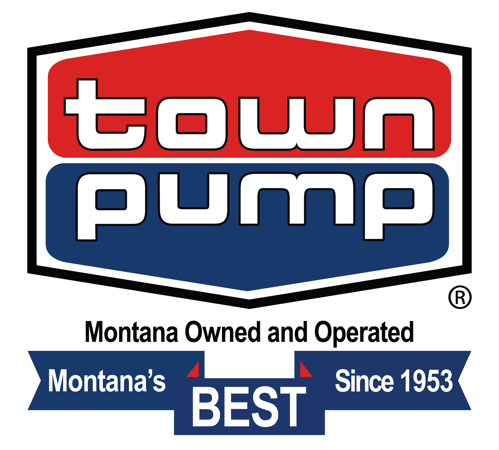 Town Pump logo with Registered Trademark indicator and ribbon - full color version