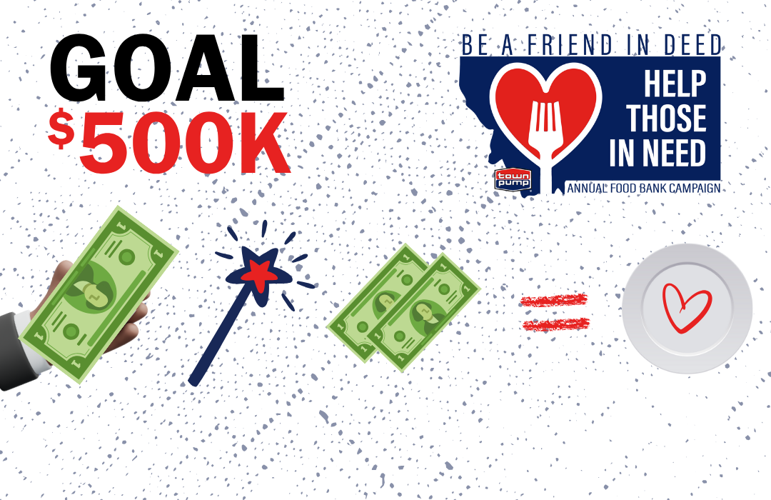 Goal to raise $500K for those in need: A hand with cash, a magic wand, money to a heart plate.