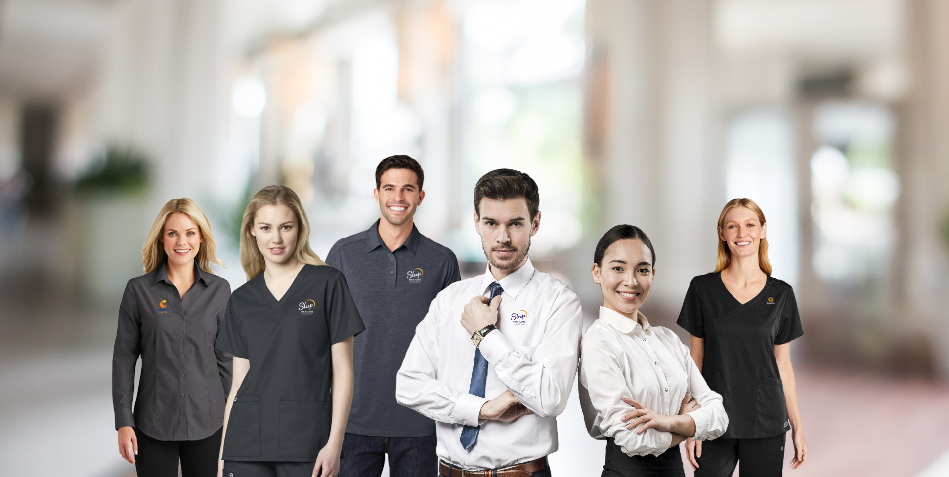 Photo of miscellaneous hotel workers in a lobby