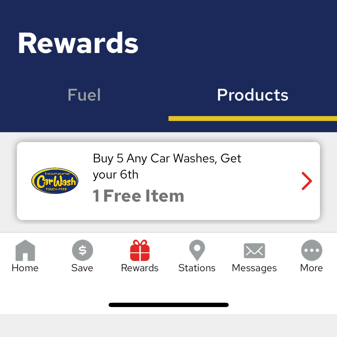 Buy 5 any Car Washes, Get your 6th Free  Rewards in Progress screenshot from app showing 1 Free Item