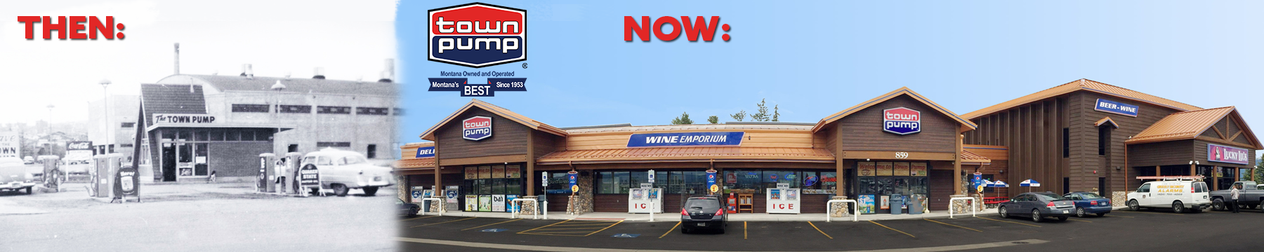 A then and now photo of a gas station